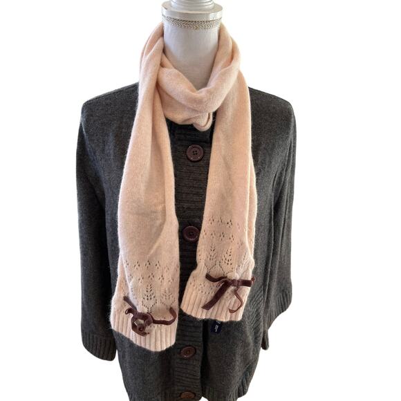 Gap Lambswool Scarf Pale Pink Brown Velvet Ribbon Trim - Picture 1 of 6